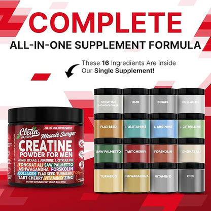Clean Nutra Creatine Powder for Men + HMB BCAA L Arginine L Citrulline Tongkat Ali Saw Palmetto