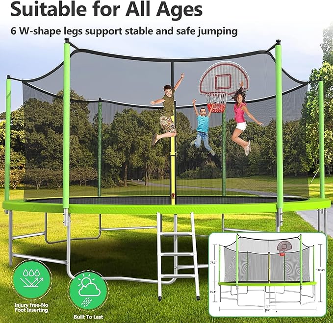 Upgraded 10/12/14/15/16FT Trampoline Outdoor, Large Kids Trampoline with Light, Stakes, Sprinkler