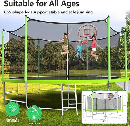 Upgraded 10/12/14/15/16FT Trampoline Outdoor, Large Kids Trampoline with Light, Stakes, Sprinkler