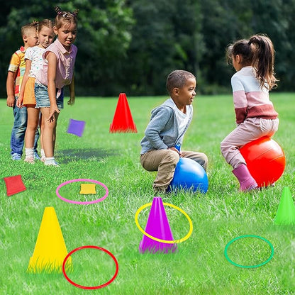 35PCS 4 in 1 Carnival Outdoor Games Combo Set for Kids, Soft Plastic Cones Bean Bags Ring Toss