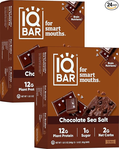 IQBAR Brain and Body Plant Protein Bars - Chocolate Sea Salt - 24-Count Low Carb - Gluten Free