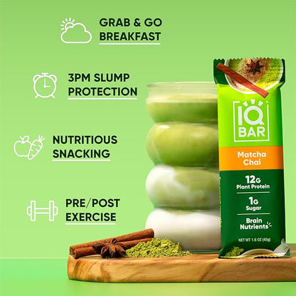 IQBAR Brain and Body Plant Protein Bars - Matcha Chai - 36-Count Low Carb - Gluten Free, High