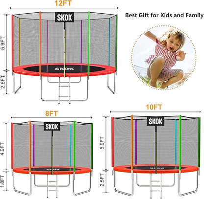 SKOK Trampoline 8FT 10FT 12FT 14FT 15FT Trampolines with Enclosure Net, 400LBS Outdoor Trampolines