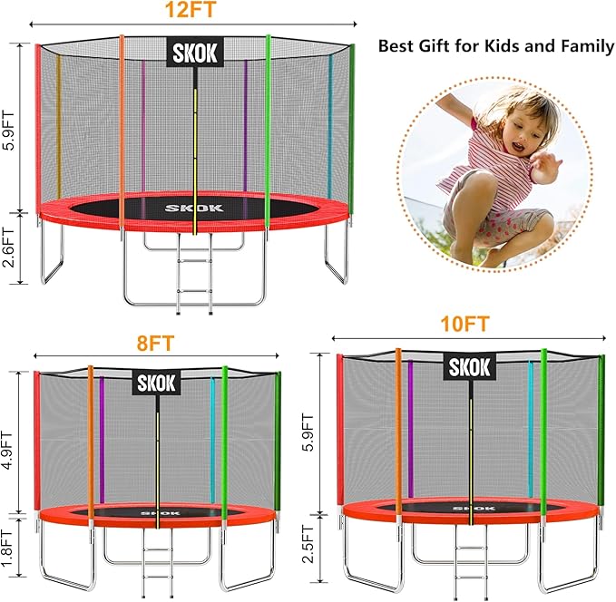 SKOK Trampoline 8FT 10FT 12FT 14FT 15FT Trampolines with Enclosure Net, 400LBS Outdoor Trampolines