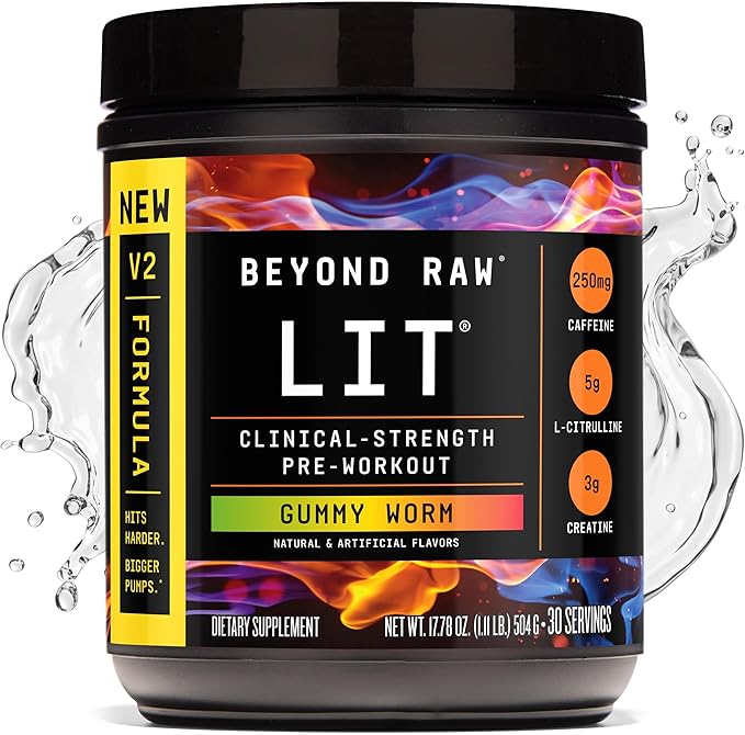 BEYOND RAW LIT V2 Clinical Strength Pre Workout Powder, Hits Harder, Bigger Pumps, Caffeine