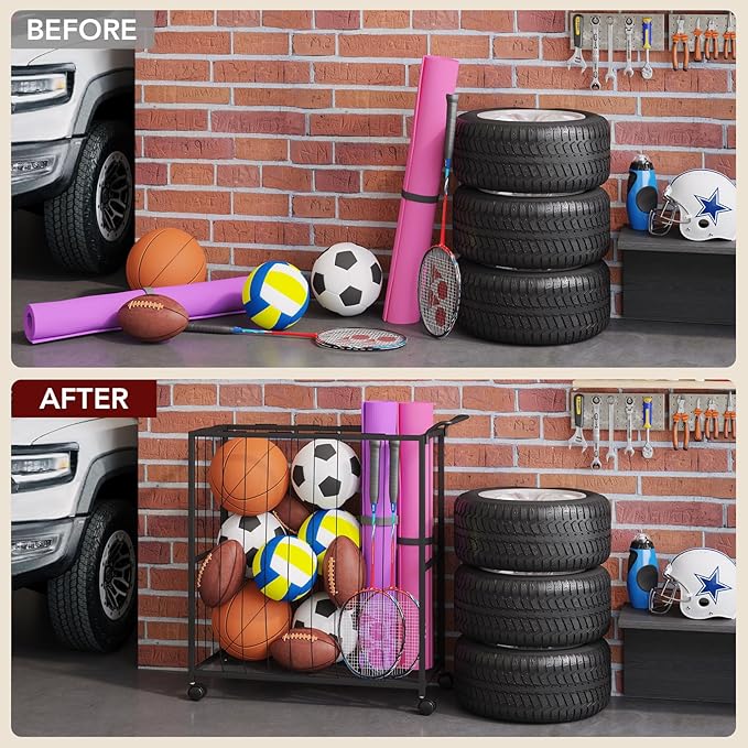 Ball Storage Bin Rolling Sports Ball Cart, Metal Garage Organizer Sport Rack, Ball Basket Storage