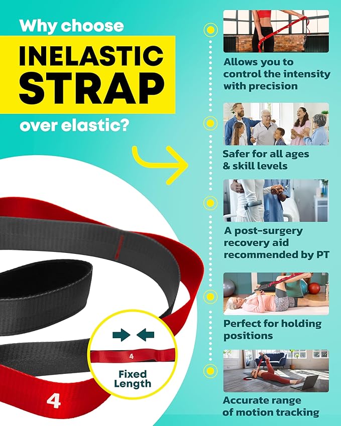 Stretching Strap with Loops - Non Elastic Stretch Band for Physical Therapy, Yoga Strap for