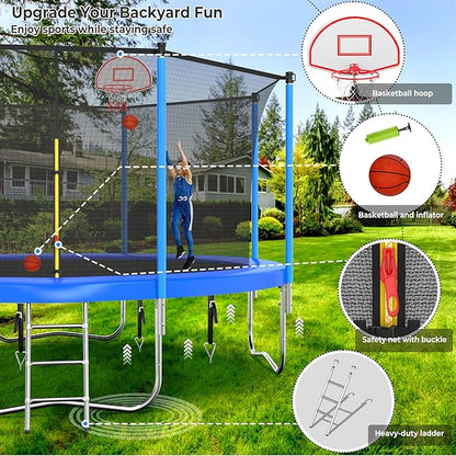 Upgraded 10/12/14/15/16FT Trampoline Outdoor, Large Kids Trampoline with Light, Stakes, Sprinkler