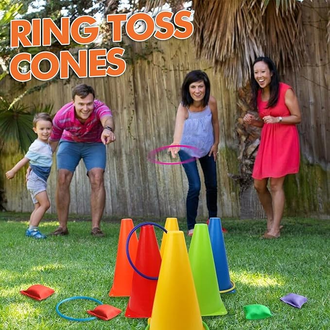 CircleCraft 31 Pcs. Plastic Cones and Rings Games Ring Toss Games for Adults, Carnival Games for