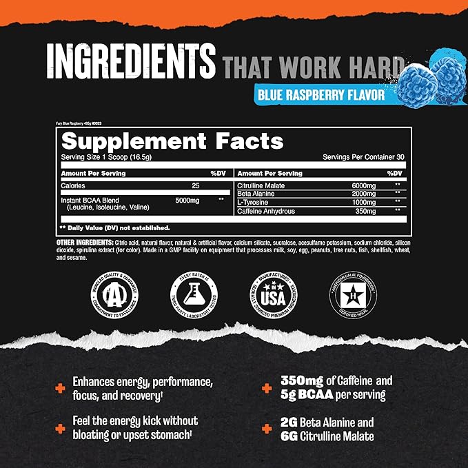Animal Fury - Pre Workout Powder Supplement for Energy and Focus - 5g BCAA, 350mg Caffeine Nitric