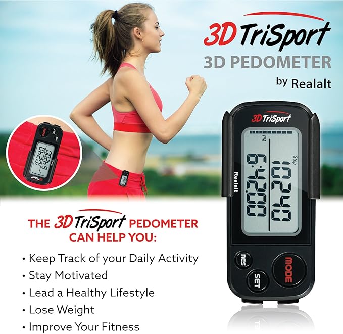 3DTriSport Walking 3D Pedometer with Clip & Strap, eBook Included | 30 Days Memory, Accurate Step