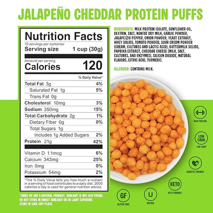 Twin Peaks Protein Puffs - (Jalapeno Cheddar), Keto Friendly, Low Carb Snack (300g, 21g Protein, 2g