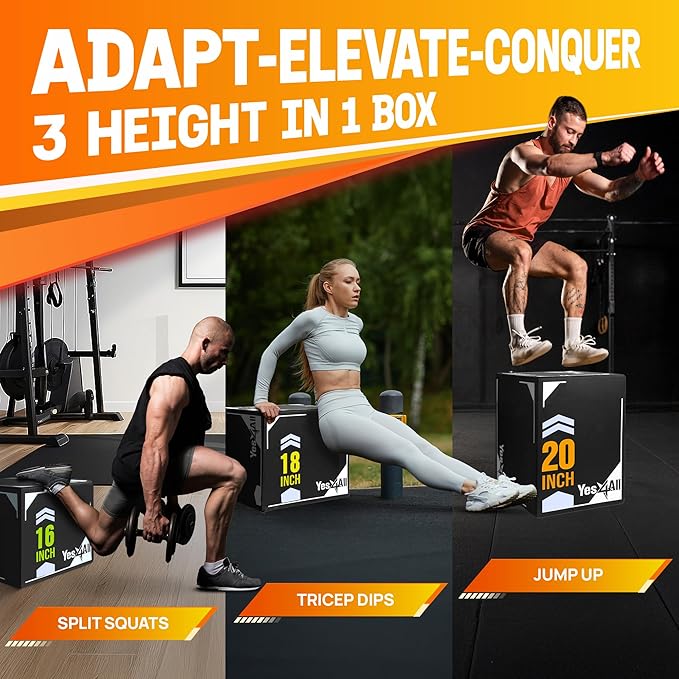 Yes4All 3-in-1 Soft-Padded Plyo Box With Wooden Core, Non-Slip Multi-Use Cushioned Plyometric Jump