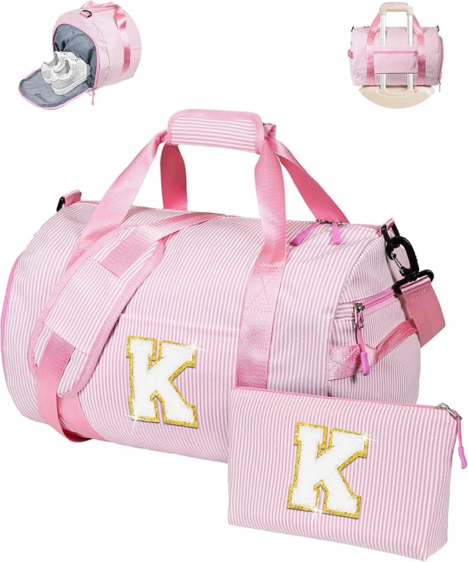 Gift for 5 6 7 8 9 Year Old Girls, Girl Gym Bag, Kids Initial Overnight Duffel Bags with Shoe