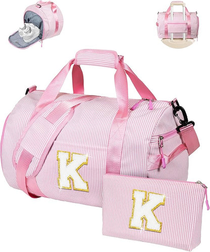 Gift for 5 6 7 8 9 Year Old Girls, Girl Gym Bag, Kids Initial Overnight Duffel Bags with Shoe