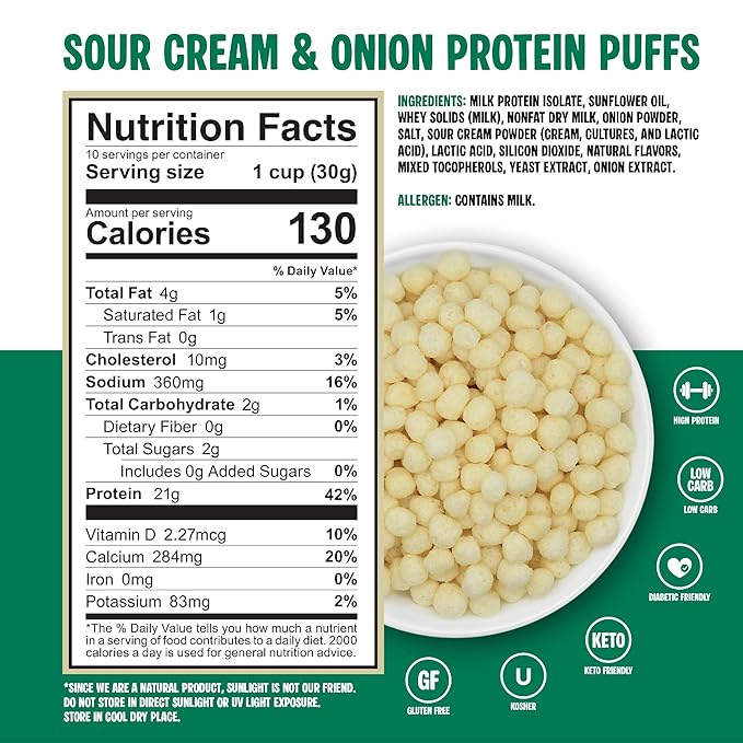 Twin Peaks Protein Puffs - (Sour Cream & Onion), Keto Friendly, Low Carb Snack (300g, 21g Protein