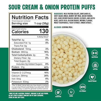 Twin Peaks Protein Puffs - (Sour Cream & Onion), Keto Friendly, Low Carb Snack (300g, 21g Protein