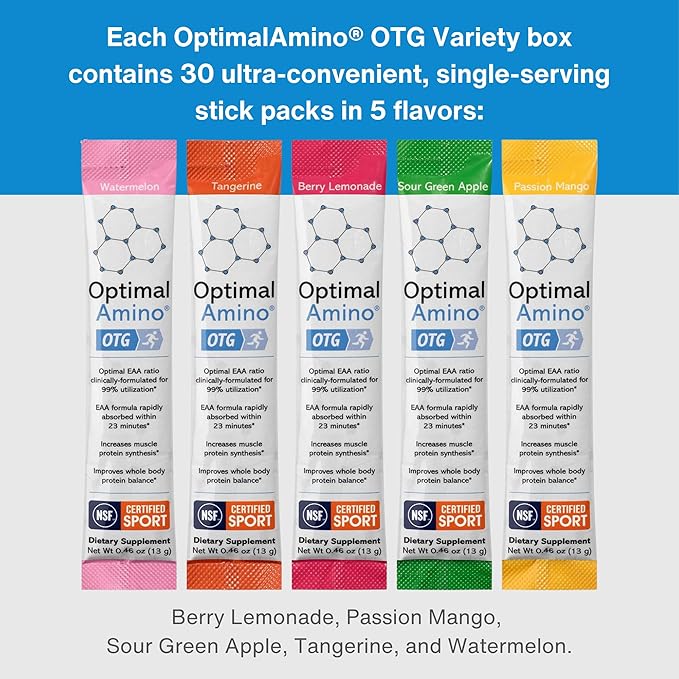 OTG Stick Packs, 5 Flavor Variety Box (30 Count), 99% Utilized Essential Amino Acid (EAA)