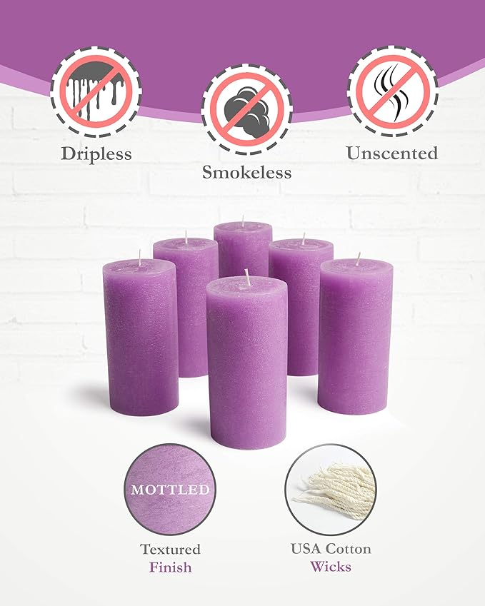 Mottled Pillar Candles by Bask - Set of 6-3" x 6" Dripless Unscented Candles in Purple for Home