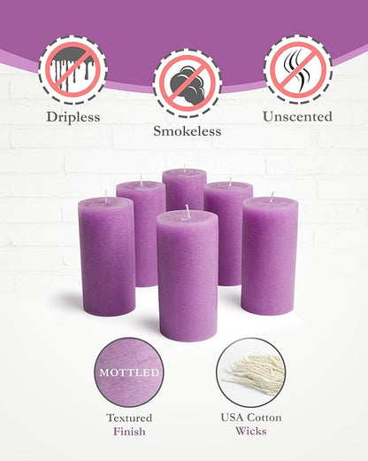 Mottled Pillar Candles by Bask - Set of 6-3" x 6" Dripless Unscented Candles in Purple for Home
