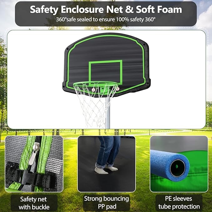 12FT 14FT Trampoline with Slide and Swings, ASTM Approved Outdoor Trampoline with Basketball Hoop