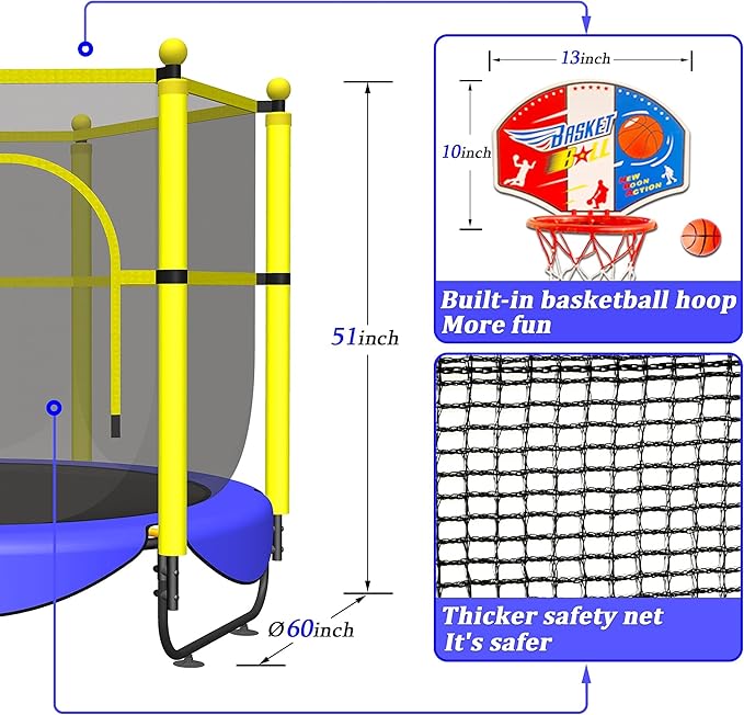 60" Trampoline for Kids, 5 FT Indoor & Outdoor Toddler Baby Trampoline with Basketball Hoop, Safety