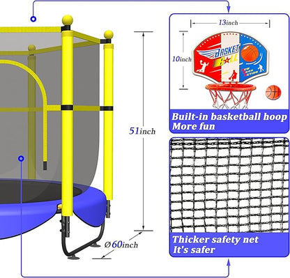 60" Trampoline for Kids, 5 FT Indoor & Outdoor Toddler Baby Trampoline with Basketball Hoop, Safety