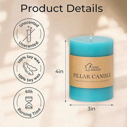 3x4 Inch Blue Pillar Candles Set of 3 - Decorative Unscented Pillar Candles, Long Burning Dripless