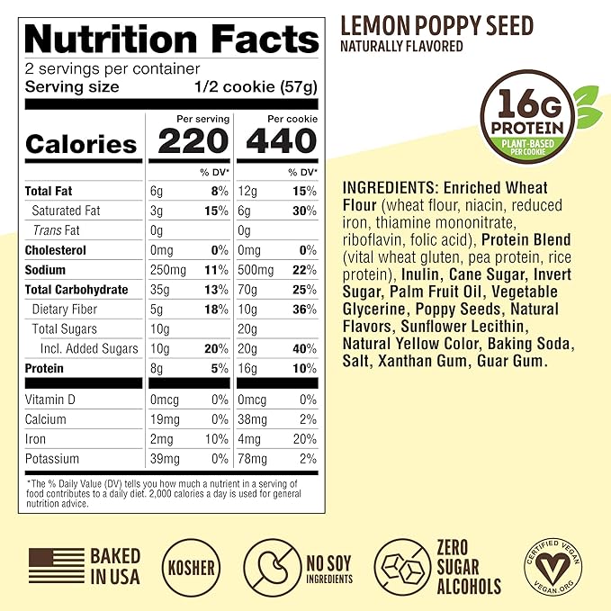 Lenny & Larry's The Complete Cookie, Lemon Poppy Seed, Soft Baked, 16g Plant Protein, Vegan