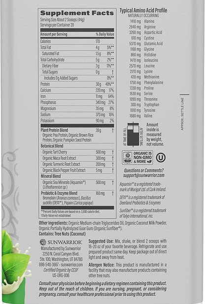 Sunwarrior Organic Plant Based Protein Powder | Vegan Organic Protein Powder with BCAA Amino Acids