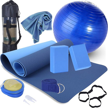Yoga Starter Kit - 11-Piece Set with Yoga Blocks, Strap, Ball, Mat, Carrying Strap, Net Bag