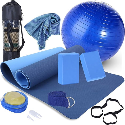 Yoga Starter Kit - 11-Piece Set with Yoga Blocks, Strap, Ball, Mat, Carrying Strap, Net Bag