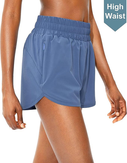 SANTINY Women's Running Shorts with Zip Pockets High Waisted Athletic Workout Gym Shorts for Women