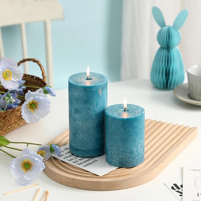 3x6 inch Blue Pillar Candles Set of 3, Unscented Pillar Candle, Dripless and Smokeless Large