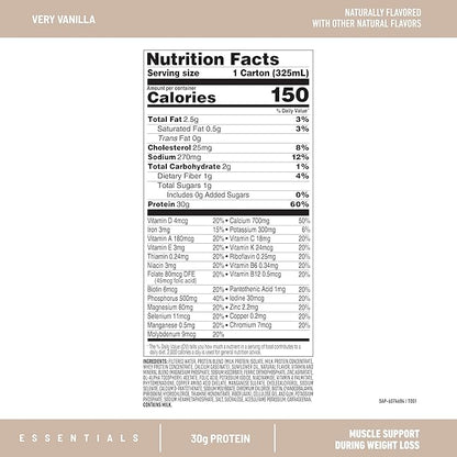 SlimFast Essentials 30g Vanilla Protein Shake, Protein Shakes Ready to Drink, Muscle Support, 1g
