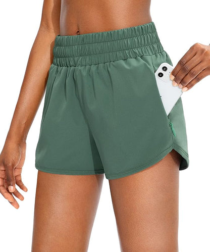 SANTINY Women's Running Shorts with Zip Pockets High Waisted Athletic Workout Gym Shorts for Women