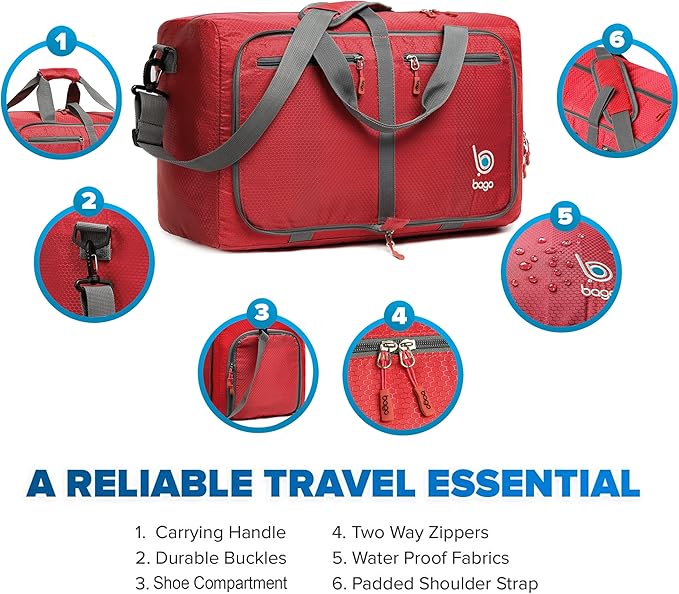 Bago Foldable Duffel Bags for Traveling Women & Men - 40L Sports Packable Duffle Bag for Travel