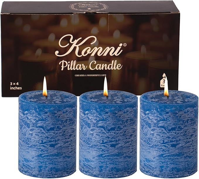 KONNI Blue Pillar Candles Set of 3, 3"x 4" Unscented Pillar Candles Bulk, 39 Hours Long Burning