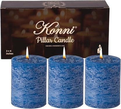 KONNI Blue Pillar Candles Set of 3, 3"x 4" Unscented Pillar Candles Bulk, 39 Hours Long Burning