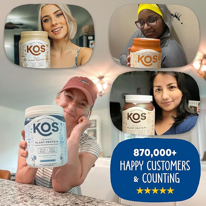 KOS Plant Based Protein Powder, Blueberry Muffin - Organic Pea Protein Superfood with Spirulina and