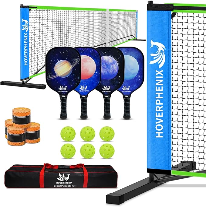 Hoverphenix Pickleball Net for Driveway, 22FT Regulation Size Pickleball Net with Paddles Set of 4