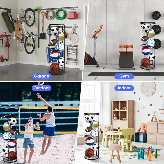 Garage Ball Storage Rack - Wall-Mounted Vertical Ball Holder for Basketball, Soccer, Volleyball