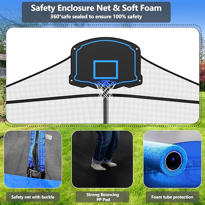Upgraded 10/12/14/15/16FT Trampoline Outdoor, Large Kids Trampoline with Light, Stakes, Sprinkler