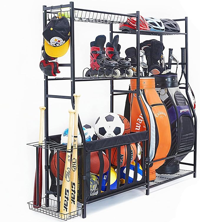 WALMANN Garage Sports Equipment Organizer, Golf Bag Stand for Garage Ball Storage Rack