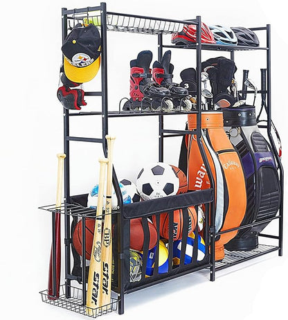 WALMANN Garage Sports Equipment Organizer, Golf Bag Stand for Garage Ball Storage Rack