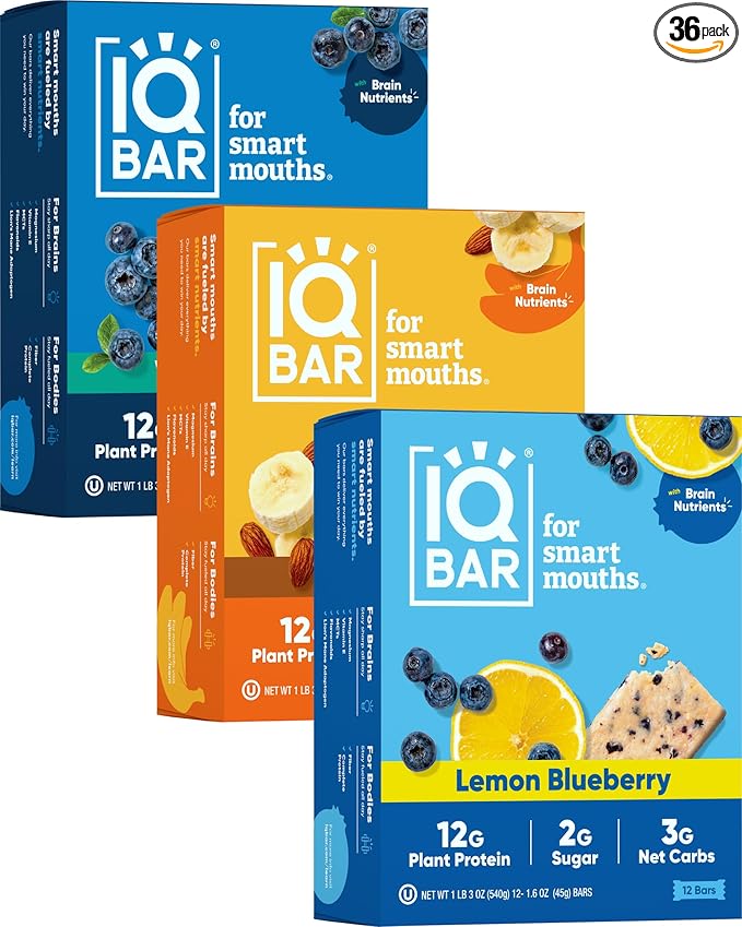 IQBAR Brain and Body Plant Protein Bars - Fruit Lovers Variety - 36-Count Low Carb - Gluten Free