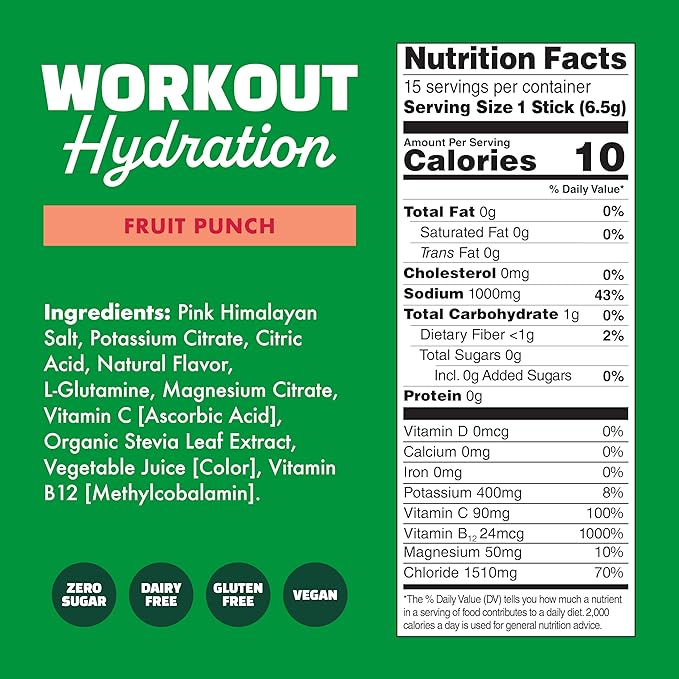 Waterboy Workout Hydration | 2,960mg Sugar Free Electrolyte Powder Packets | L-Glutamine + Vitamins