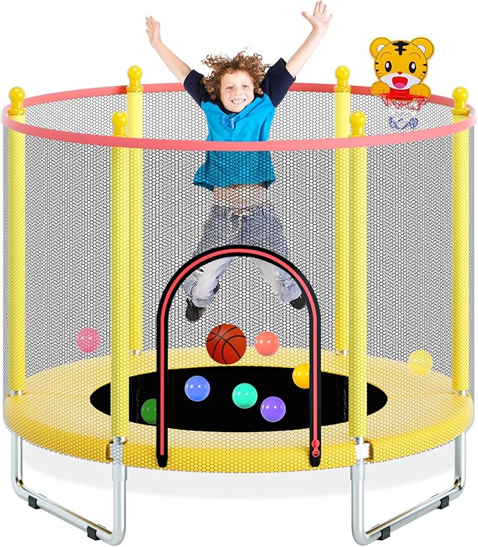55" Trampoline for Kids, Telawah Indoor/Outdoor Mini Baby with Safety Enclosure Net, Adjustable