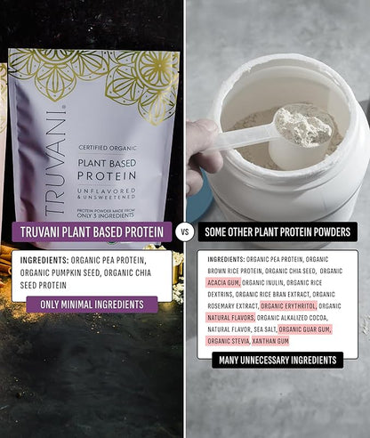 Truvani Vegan Pea Protein Powder | Unflavored | 20g Organic Plant Based Protein | 10 Servings |