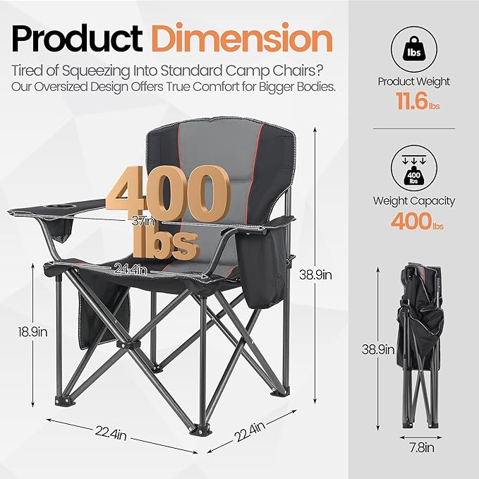 2 Pack Heavy Duty Oversized Camping Chair for Adults 400lbs w/Lumbar Support - Folding Chairs with